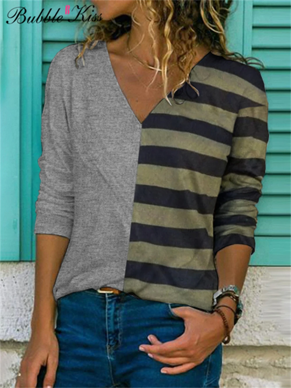 Женская футболка BubbleKiss с модным осенним принтом в полоску, V-образный вырез, пуловер с длинным рукавом, топы, футболка