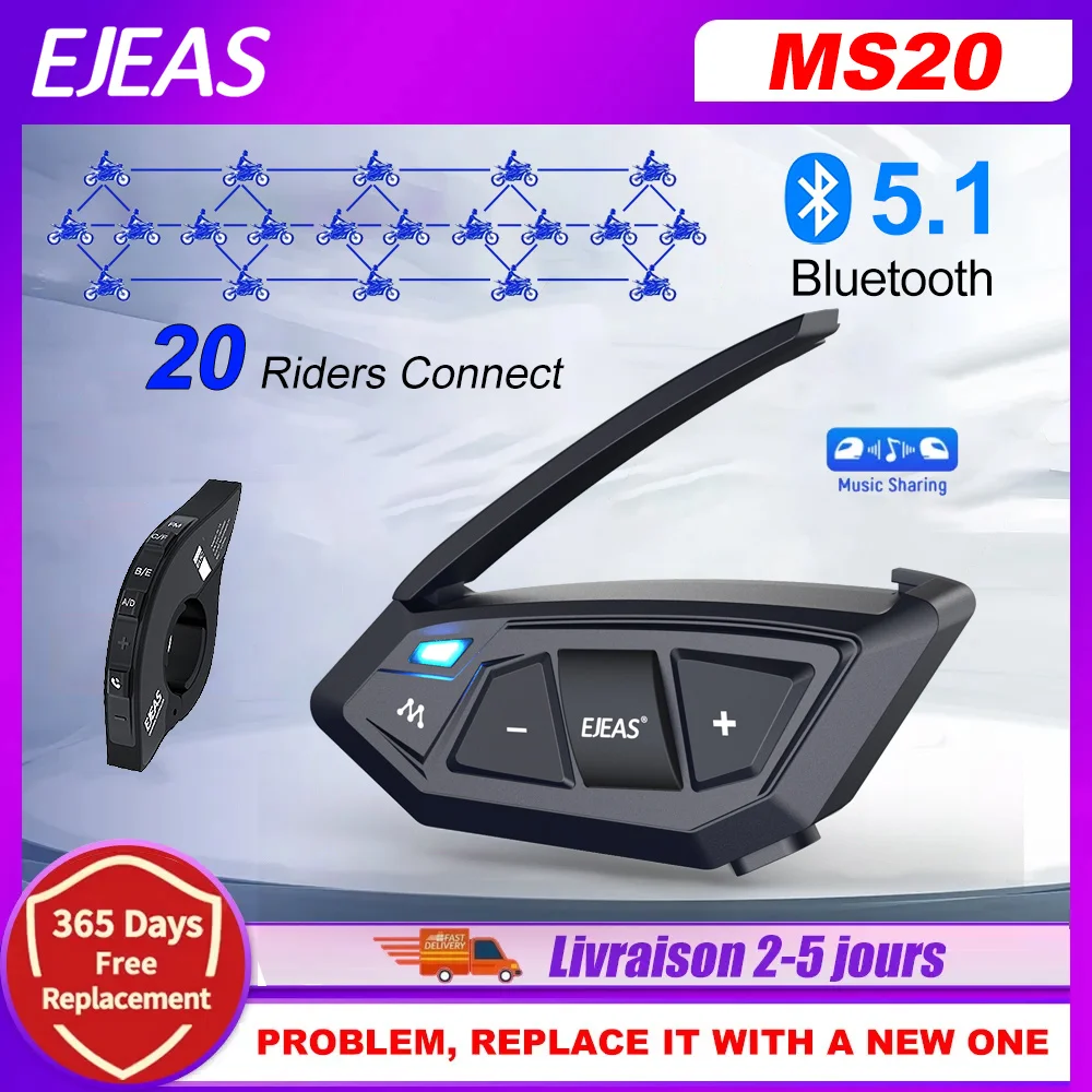 Мотоциклетная Bluetooth-гарнитура EJEAS MS20 с сетчатым интеркомом для группы из 20 гонщиков, говорящих одновременно, прослушивание музыки на 1500 м в FM-диапазоне IP67