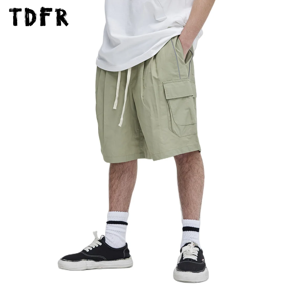 Однотонные шорты-карго с карманами, мужские повседневные широкие шорты с эластичной резинкой на талии, шорты длиной до колен, мужские короткие брюки