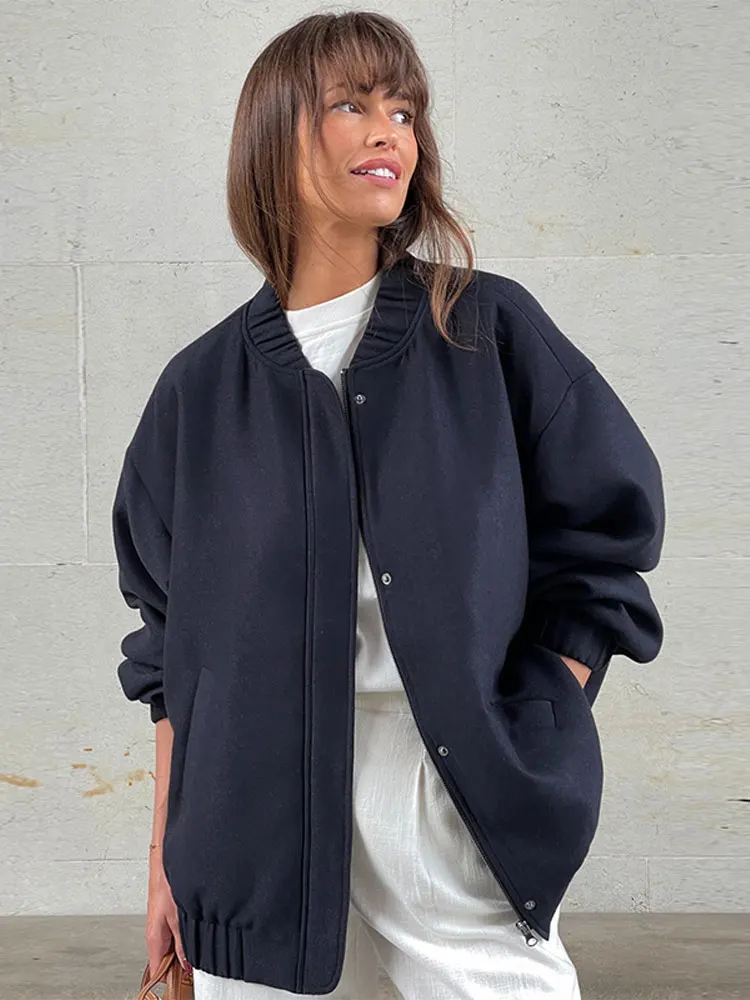 Однотонная свободная куртка с круглым вырезом и длинными рукавами, женская модная повседневная верхняя одежда на молнии с карманами, шикарное осенне-зимнее теплое пальто 2023 года выпуска