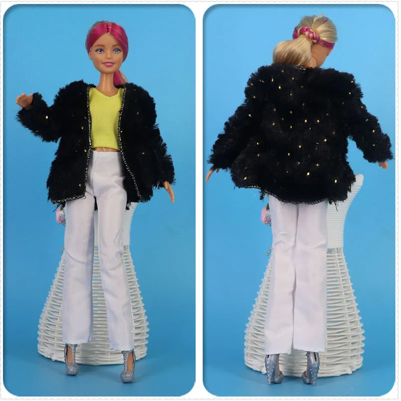 Черная меховая куртка, комплект одежды для куклы Барби, Модное пальто, жилет, топ, брюки для куклы Барби 1/6, аксессуары для кукол, детские игрушки