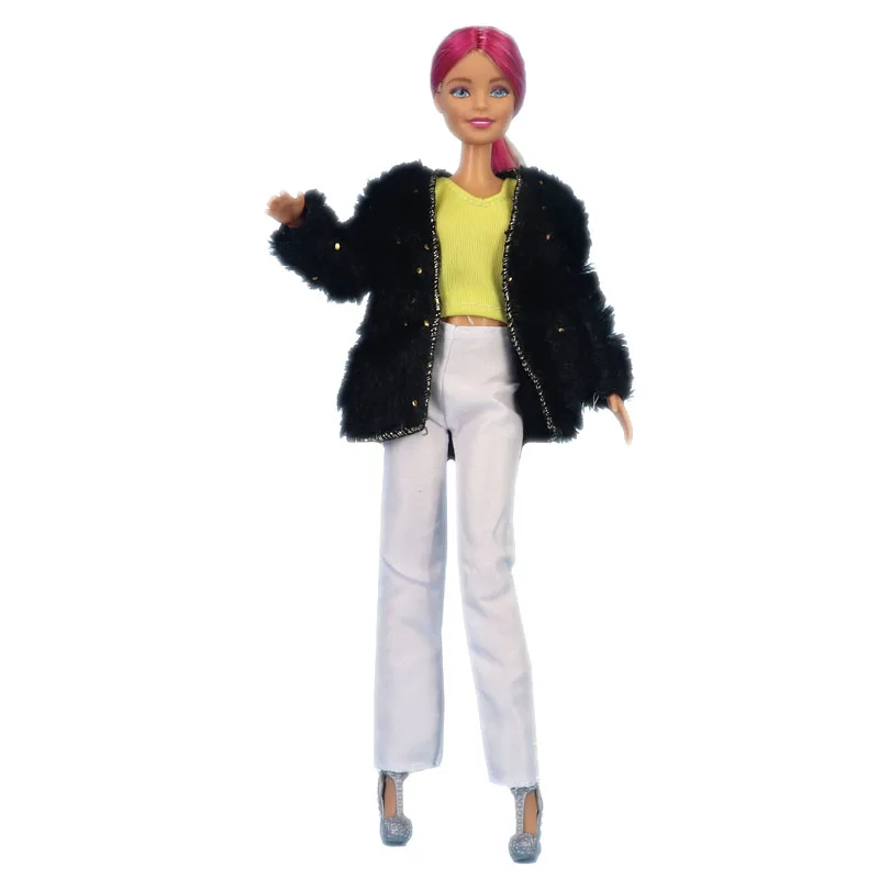 Черная меховая куртка, комплект одежды для куклы Барби, Модное пальто, жилет, топ, брюки для куклы Барби 1/6, аксессуары для кукол, детские игрушки
