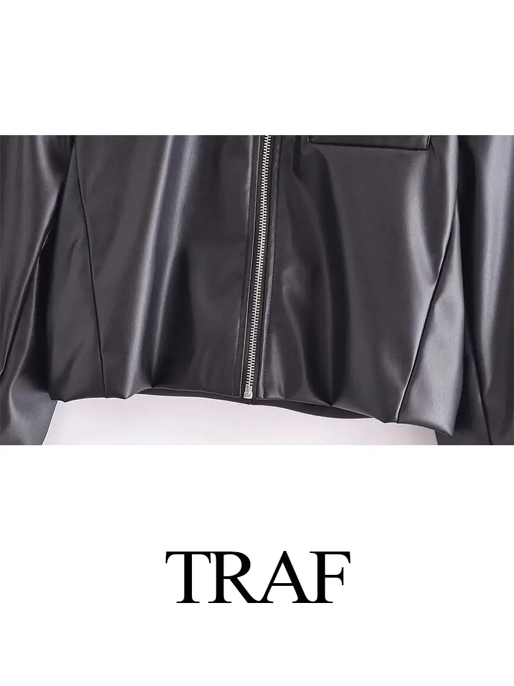 TRAF, женские модные куртки из искусственной кожи, весенне-осенние укороченные куртки с лацканами, женская универсальная верхняя одежда, мужские пальто