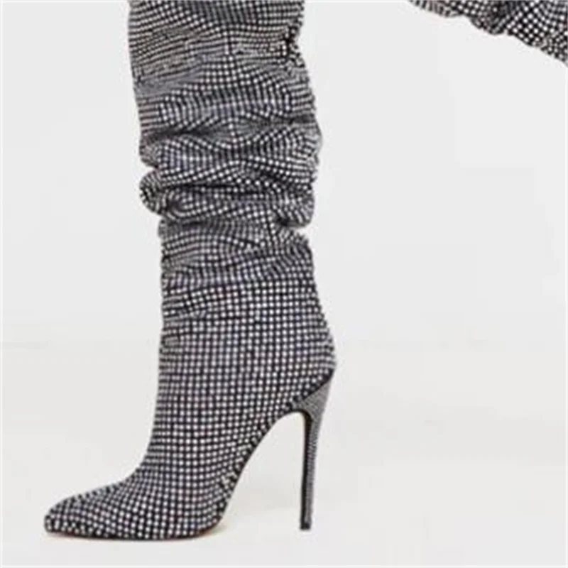 Хрустальные туфли для женщин с заостренными носками, женские плиссированные женские туфли на тонких высоких каблуках с бриллиантами, швейные линии, женские сапоги до икр