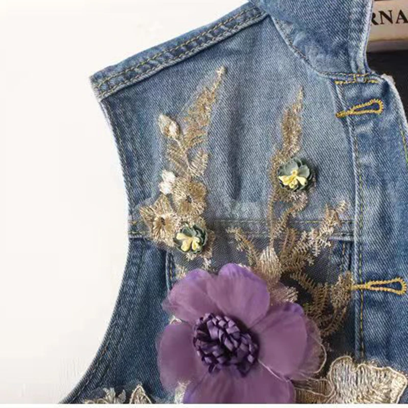 Объемные цветы, Летние джинсовые жилеты, женская уличная одежда 2022 года, ретро-жилет, Тонкая джинсовая куртка без рукавов, повседневная одежда